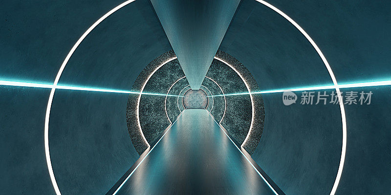 科幻霓虹灯黑暗走廊管弯曲通道未来科技隧道飞船空隧道房间与发光霓虹灯颜色背景3d插图