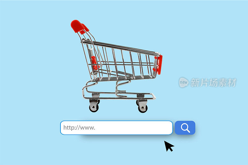 购物车与搜索栏在蓝色背景的网上购物，电子商务，搜索客户