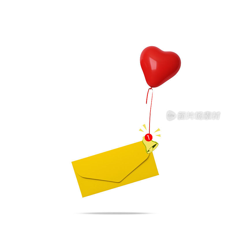 黄色信封和半空中的红色心形气球