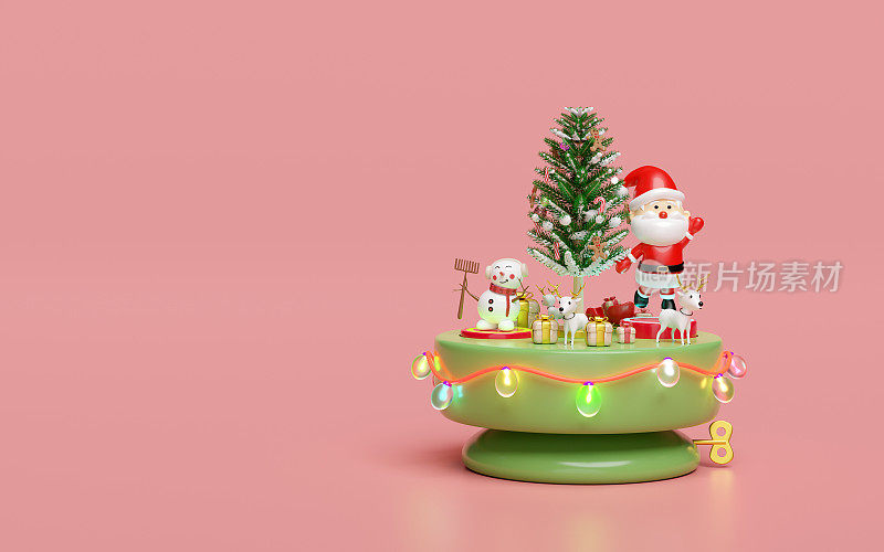3d音乐盒有圣诞老人舞蹈，雪人，鹿，礼盒，玻璃透明灯花环。圣诞快乐，新年快乐，3d渲染插图