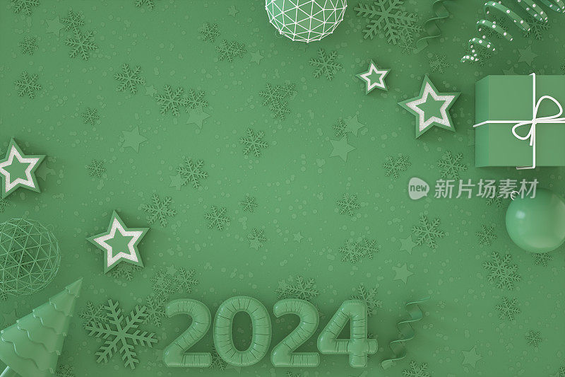 2024年新年气球与圣诞装饰绿色背景