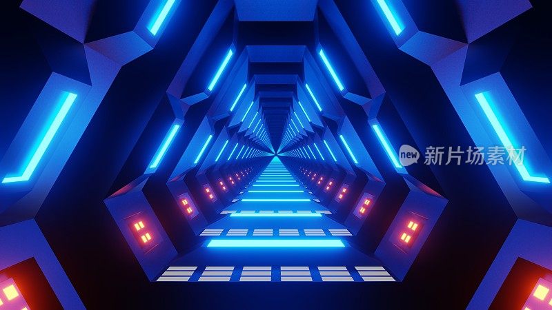 飞行在抽象的科幻隧道3d渲染。未来的VJ运动图形的音乐视频，EDM俱乐部音乐会，高科技的背景。传送门，光速超空间概念
