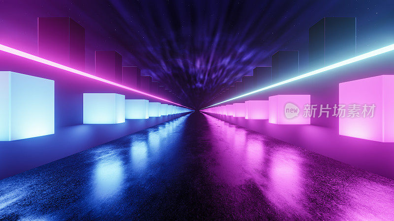 未来的桥与明亮的霓虹灯照明，3D渲染。