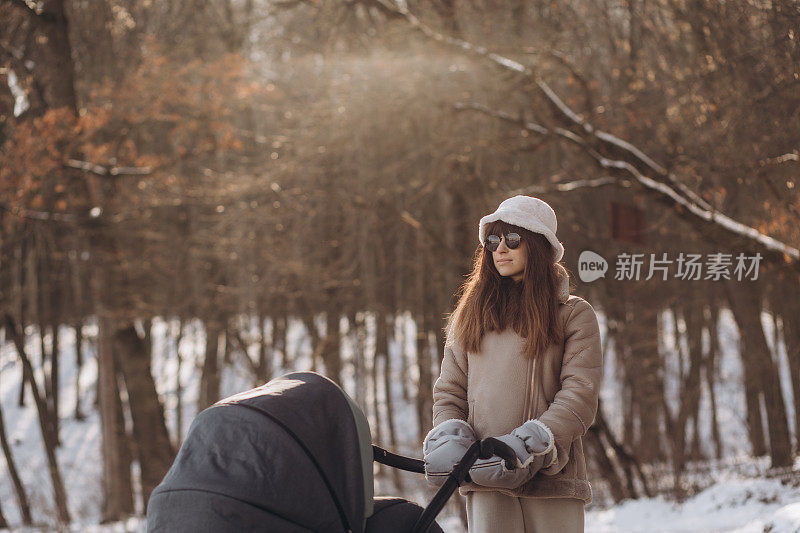 一位年轻的母亲推着婴儿车在冬季公园散步。推着婴儿车的女孩在冬天去。