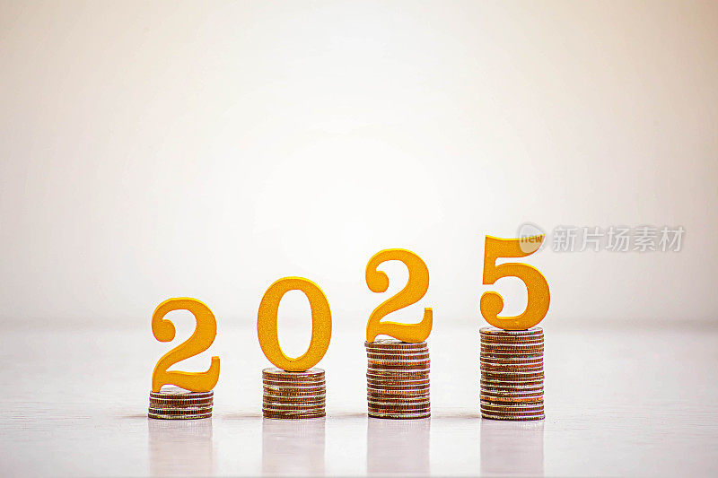 越来越多的硬币。行动商业计划目标，经济分析2025年，财务目标成功，在投资市场中获利成长型行业技术。2025年预算概念