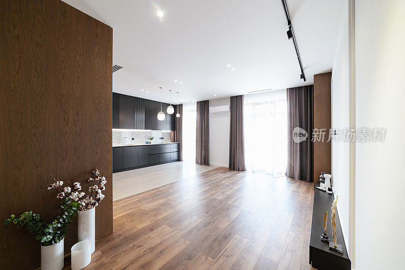 现代工作室厨房室内设计与木地板