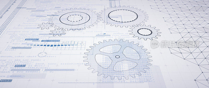 工程IT设计用python计算机语言代码文本和齿轮蓝图。广泛的水平组合。
