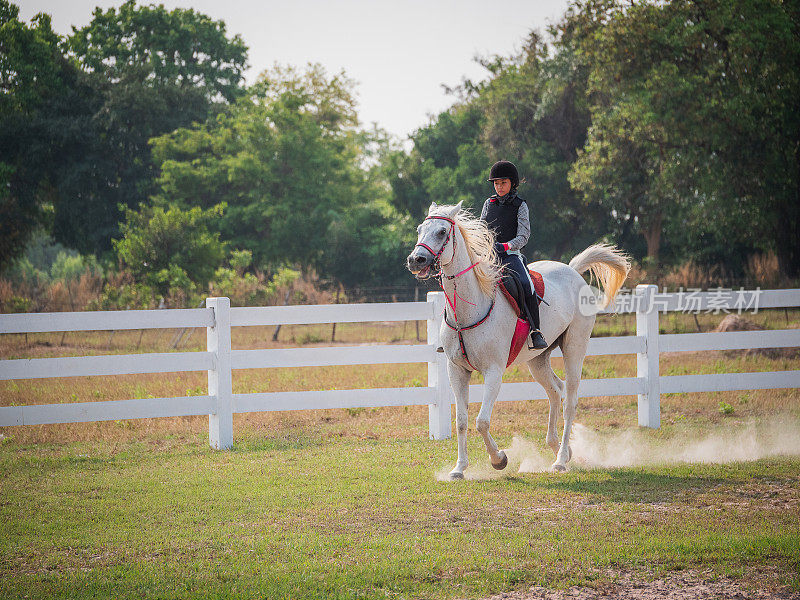 年轻的亚洲女孩享受在农场骑马的肖像，女孩在牧场骑马训练