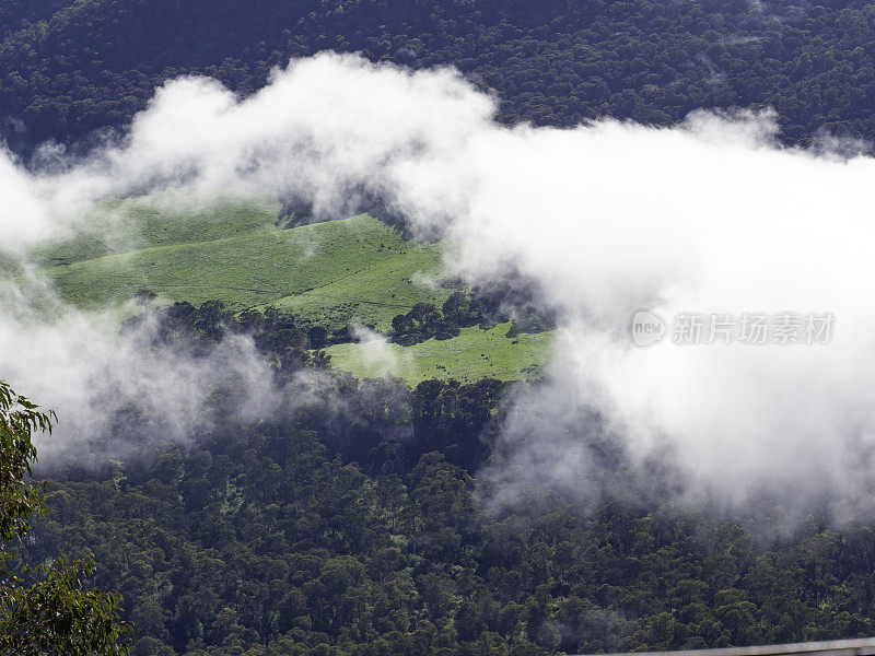 透过云层俯视绿色的田野