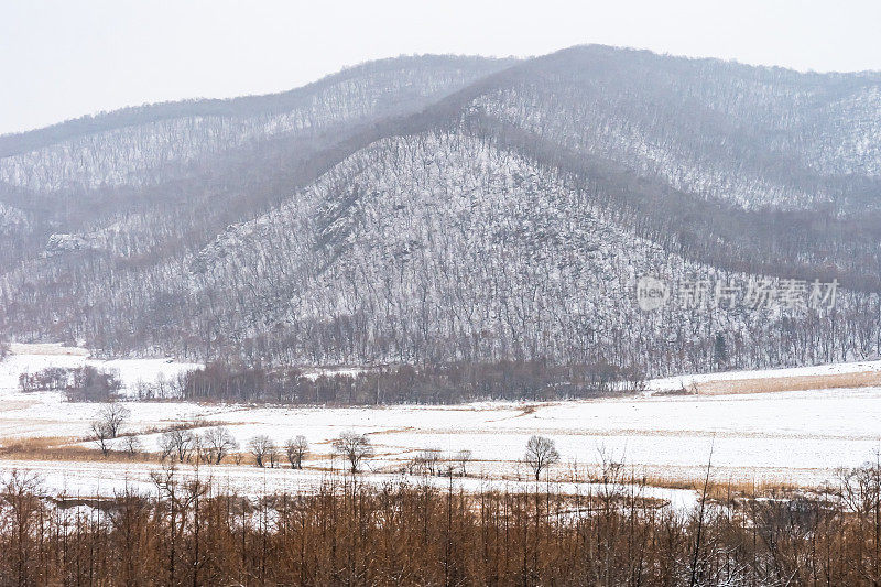 中国黑龙江山谷中宁静的雪村