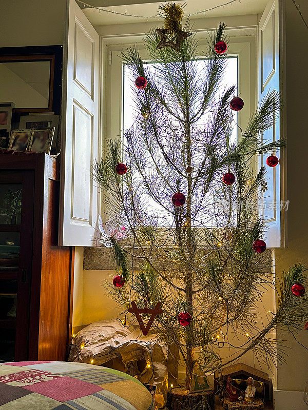 用各种装饰品装饰的圣诞树，暗指节日