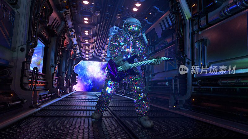 太空探索的概念。钻石宇航员在宇宙飞船的走廊里弹吉他。蓝色霓虹灯