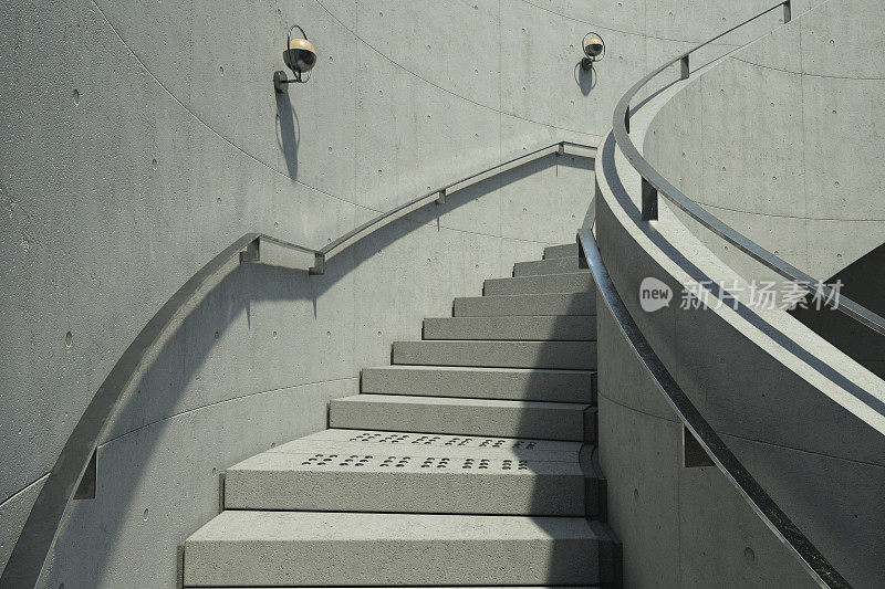 野兽派混凝土楼梯的3D插图，装饰着投射阴影的灯光，通向一个未知的目的地，唤起一种神秘感和建筑美感。