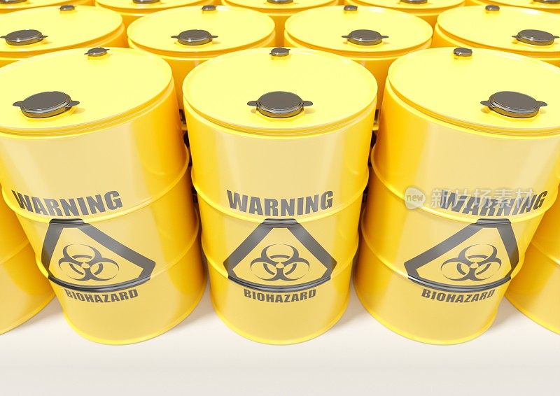 黄色金属桶与黑色生物危害警告标志隔离