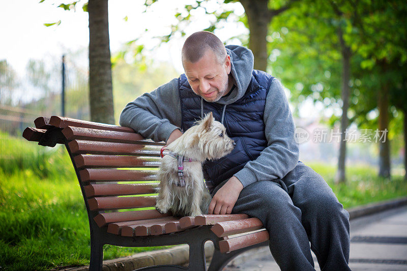 一个成熟的男人带着他的狗在户外的长椅上