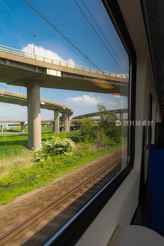 在荷兰风景的立交桥上的火车窗口视图
