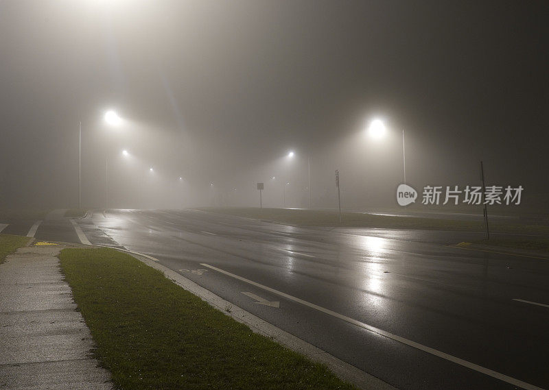 路灯照亮的夜晚雾蒙蒙的路