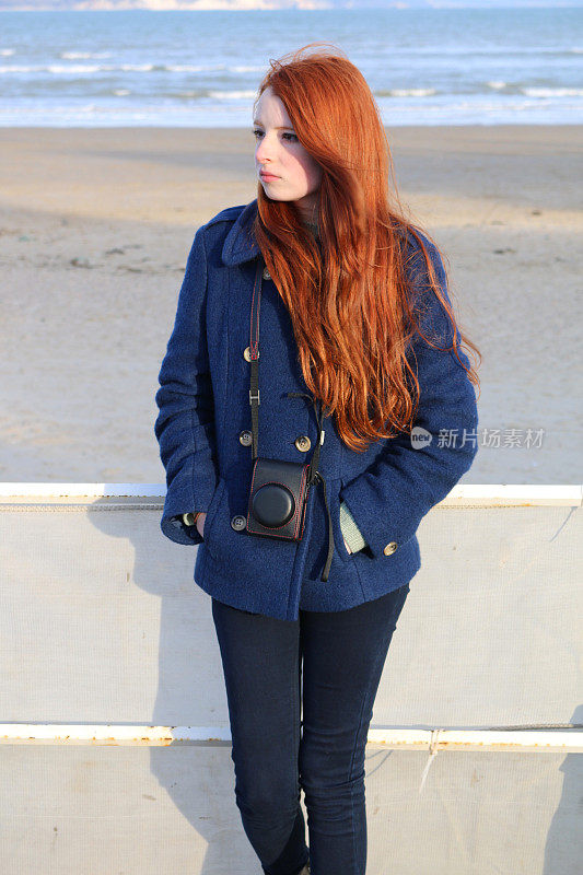 股票完整的形象漂亮的红发女孩，海滩