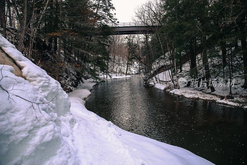 冬天，雪，萨拉托加温泉州立公园小溪，间歇泉，纽约