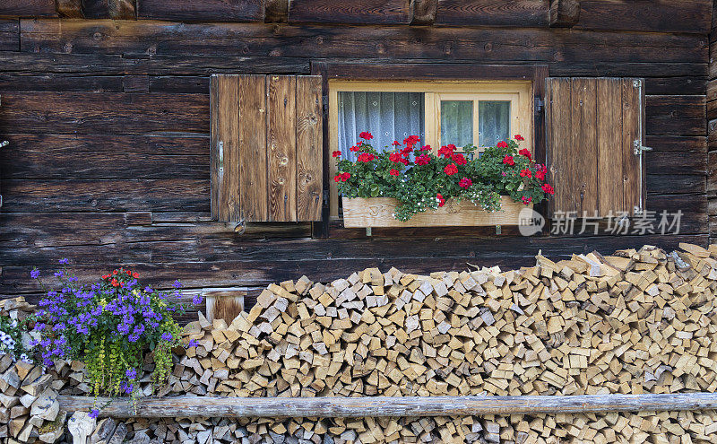 在蒂罗尔(英格兰-阿尔卑斯)的一个高山小屋的细节，前面有木柴和鲜花