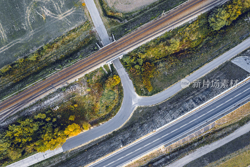 鸟瞰图-俯视图的铁路轨道和公路在农村