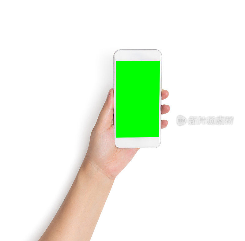 手持白色手机智能手机与空白绿色屏幕隔离在白色背景与剪辑路径上的绿色屏幕和背景，工作室拍摄