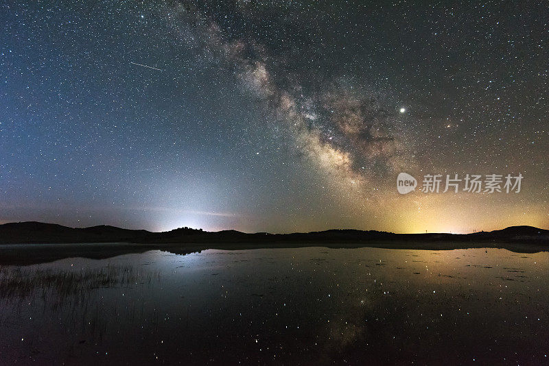 中国内蒙古，银河下的野鸭湖