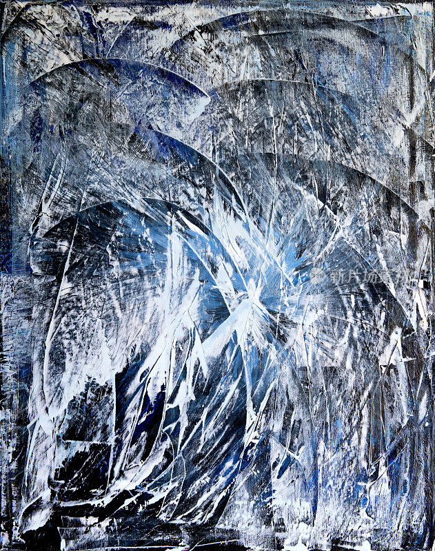 原创抽象丙烯画，白、蓝、黑三色