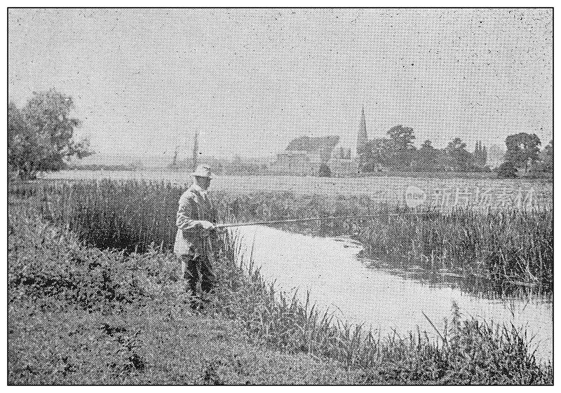 古董黑白照片的运动，运动员和休闲活动在19世纪:钓鱼