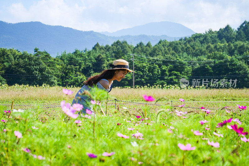 美丽的年轻女子欣赏花田