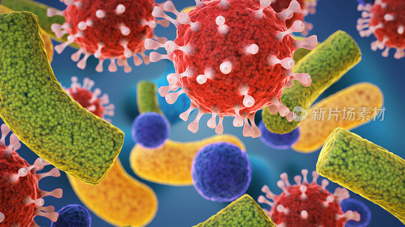 对各种形状的彩色程序化病毒细胞的极端特写