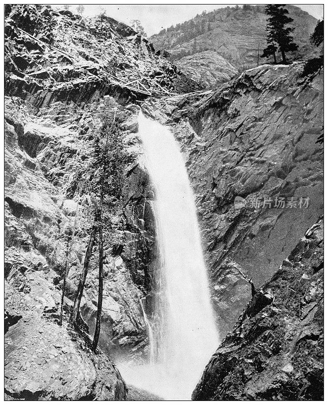 古董黑白照片的美国地标:熊溪瀑布，科罗拉多州
