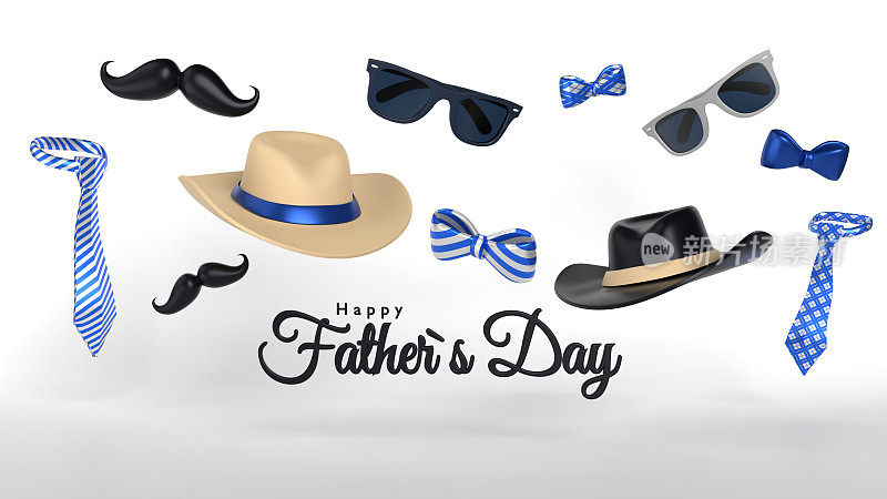 快乐的父亲节贺卡横幅或飞行太阳镜蝴蝶结领带领带帽子和胡子的传单