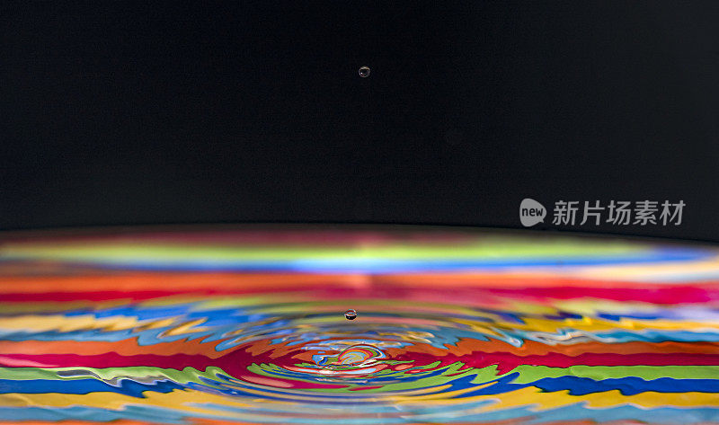 水滴在彩色的底色和黑色的背景上形成波纹