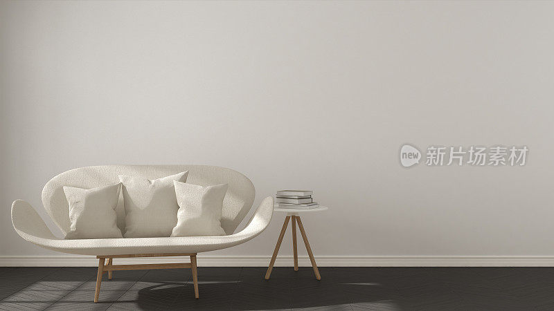 斯堪的纳维亚极简主义背景，白色沙发上人字形天然拼花地板，室内设计
