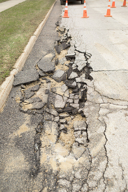 带安全锥的破碎道路沥青