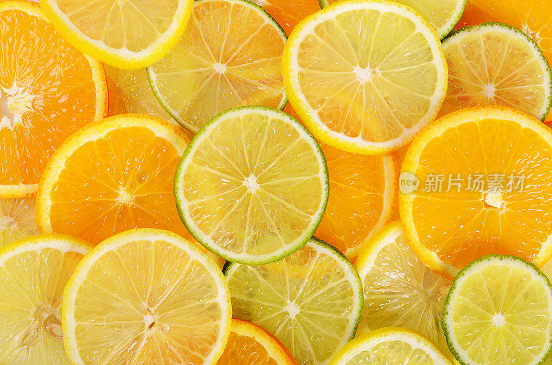 各种各样的柑橘类水果特写