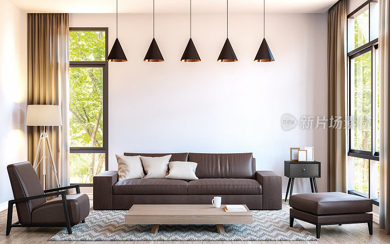 现代客厅装饰用棕色皮革家具三维渲染图像