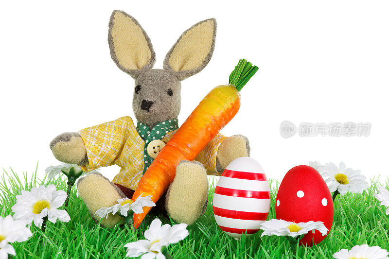 草地上带着彩蛋的复活节兔子