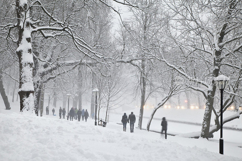 人们在雪地里散步