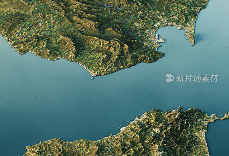 直布罗陀海峡3D景观视图南北自然色彩