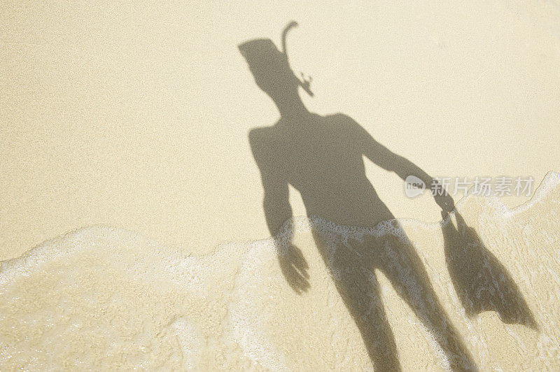 一个戴面罩和拿着脚蹼的浮潜者的影子