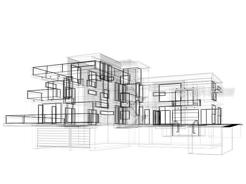 三维草图，现代住宅线框布局侧视图