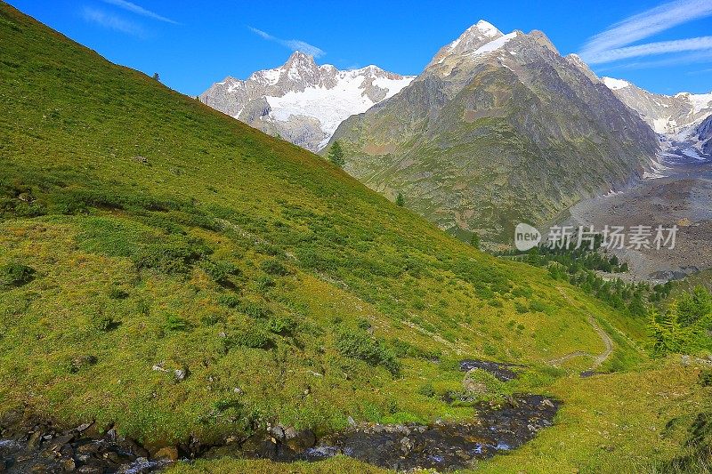 田园牧歌式的勃朗峰高山乡村景观，河流溪流，奥斯塔山谷