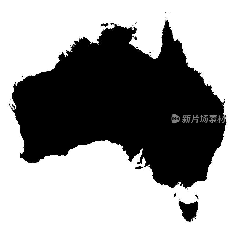 澳大利亚黑色剪影地图轮廓孤立在白色3D插图