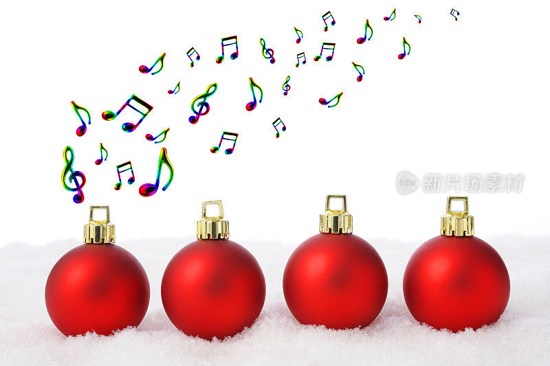 四个红色的圣诞装饰物上的雪花，飞舞着五颜六色的音符