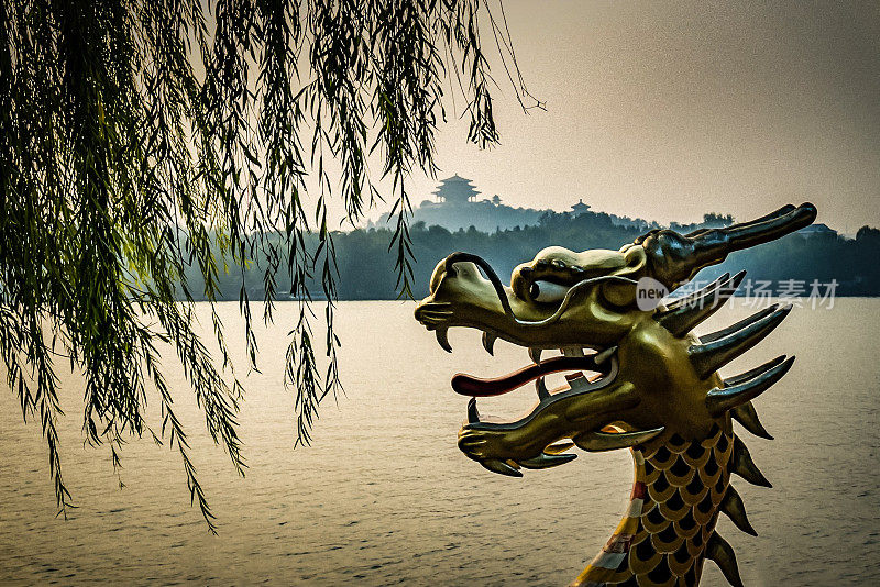 柳树下的中国龙，背景是湖泊和遥远的中国建筑