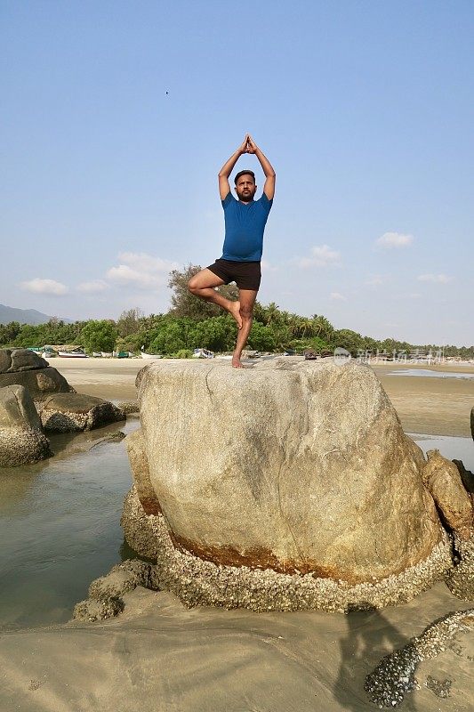 印度人在岩石上练习树姿势(Vrksasana)瑜伽姿势，水的边缘，帕洛伦海滩，果阿，印度