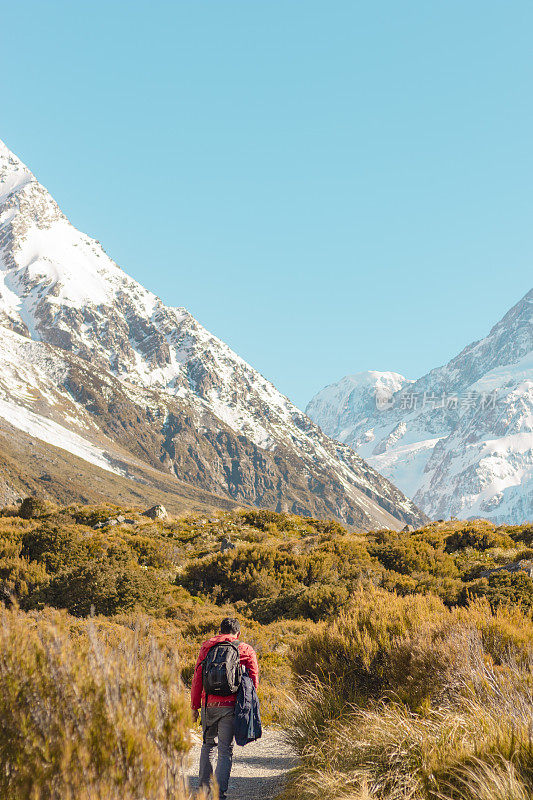 新西兰库克山;独自徒步旅行者在阳光下在库克山徒步路线。