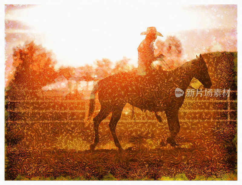年轻的女牛仔在牛仔竞技场上骑马-数码照片处理